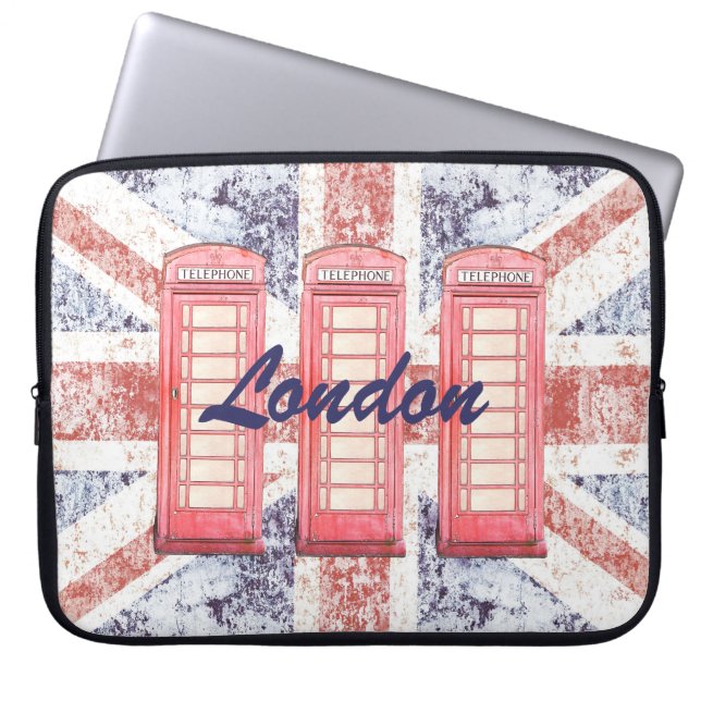 Red British phone booth on Union Jack background Laptop Sleeve (Front)