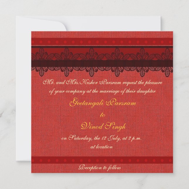 Red brocade Hindu wedding Invitation (Front)