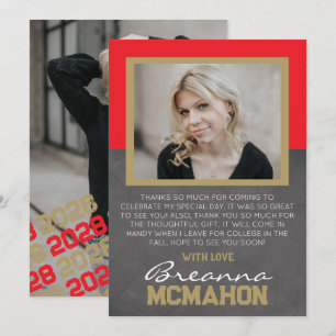 Red & Bronze Gold Graduation Photo Thank You Card