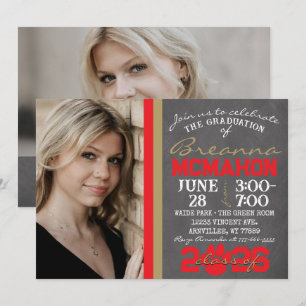 Red & Bronze Gold Pawprint Graduation Photo Invitation