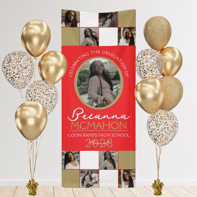 Red & Bronze Gold Photo Collage Graduation Vinyl Banner (9 Photo Graduation Hanging Vinyl Banner in Red and Bronze Gold)