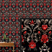 Red & Bronze on Black Dramatic Gothic Damask