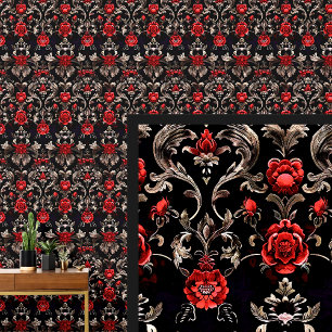 Red & Bronze on Black Dramatic Gothic Damask Wallpaper