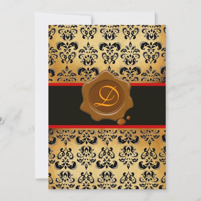 RED BROWN AND BLACK DAMASK ,WAX SEAL MONOGRAM INVITATION (Front)