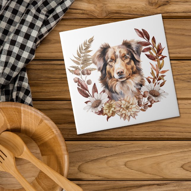Red Brown Australian Shepherd Dog Autumn Wreath Ceramic Tile (Creator Uploaded)