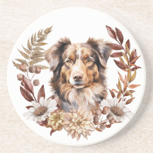 Red Brown Australian Shepherd Dog Autumn Wreath Coaster