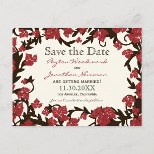 Red Brown Autumn Leaves Save the Date Announcement Postcard