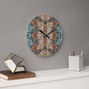 Red Brown Beige Teal Blue Tribal Art Pattern Large Clock