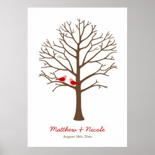 Red Brown Birds Fingerprint Tree Wedding Poster