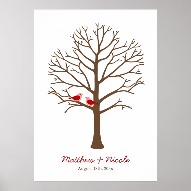 Red Brown Birds Fingerprint Tree Wedding Poster (Front)