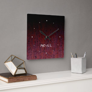 Red Brown Black Ombre Rust Metal Custom name Square Wall Clock