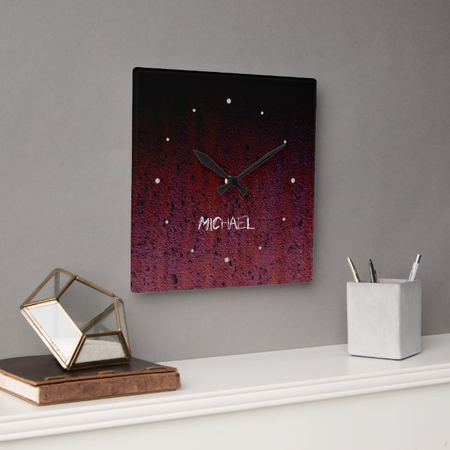 Red Brown Black Ombre Rust Metal Custom name Square Wall Clock (Office)