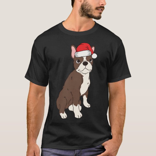 Red Brown Boston Terrier Christmas Santa Seal Bost T-Shirt (Front)
