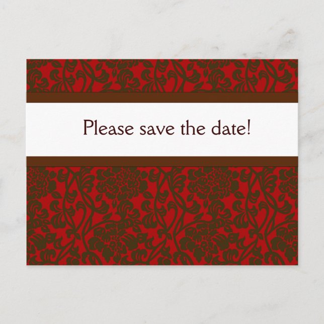 Red & Brown Brocade Save Date Announcement Postcard (Front)
