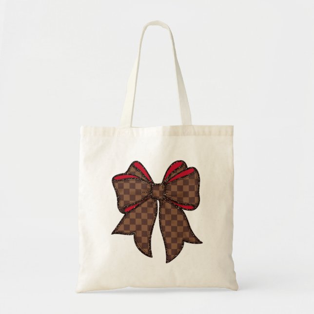 Red + Brown Checkered + Faux Glitter Bow Tote Bag (Front)