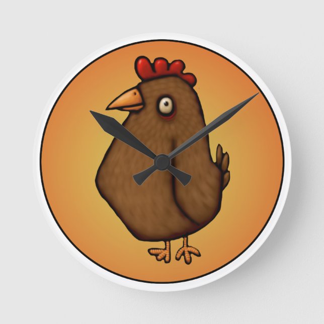 Red Brown Chicken Standing Tall Round Clock (Front)