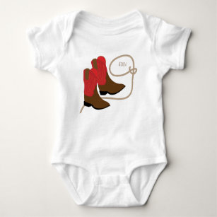 Red & Brown Cowboy Boots & Lasso, Personalised Baby Bodysuit