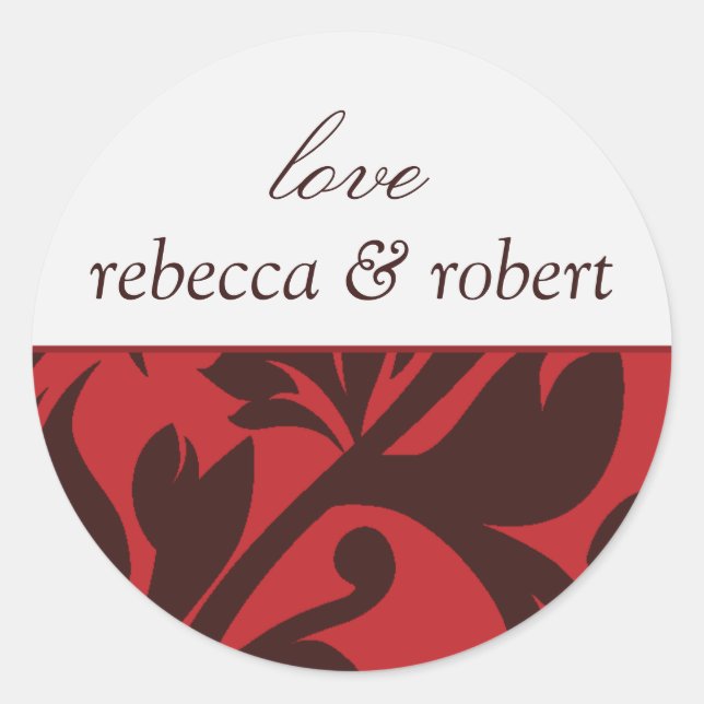 Red Brown Damask Custom Name Wedding Invite Seals (Front)