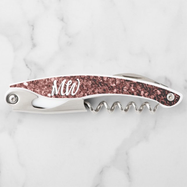 Red brown faux glitter sparkles Monogram Corkscrew (Front)