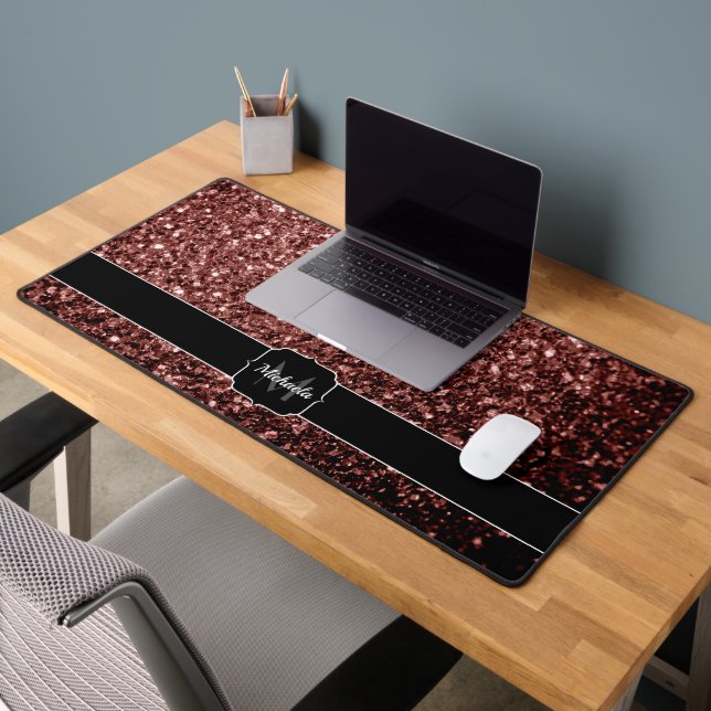 Red brown faux glitter sparkles Monogram Desk Mat (Office 2)