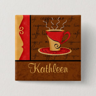 Red Brown Gold Espresso Coffee Art Custom Name 15 Cm Square Badge