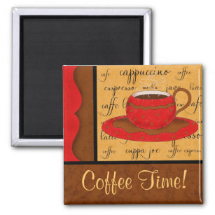 Red Brown Gold Whimsy Coffee Cup Art Custom Name Magnet