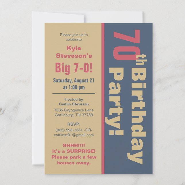 Red, Brown, & Grey 70th Birthday Party Invitation (Front)