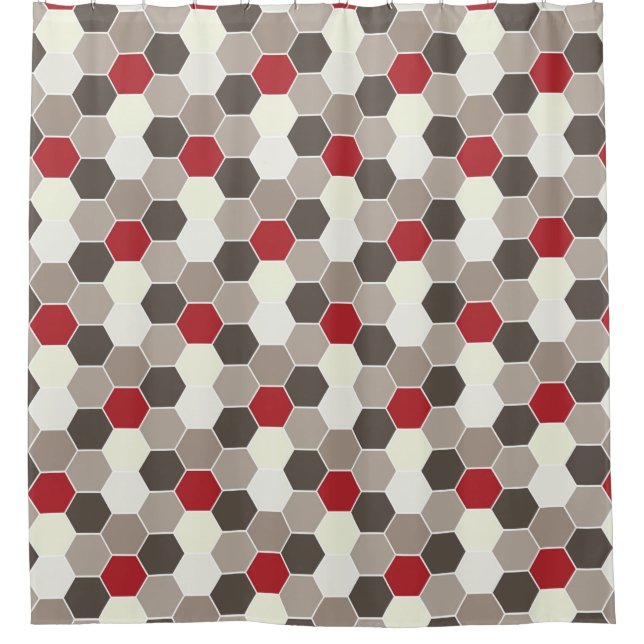 Red, Brown, Grey, White Honeycomb Pattern Shower Curtain (Front)
