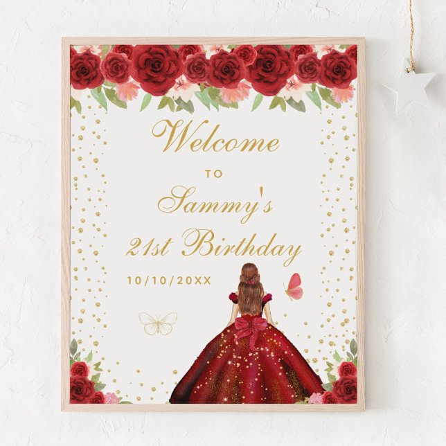 Red Brown Hair Girl Birthday Party Welcome Poster (Creator Uploaded)