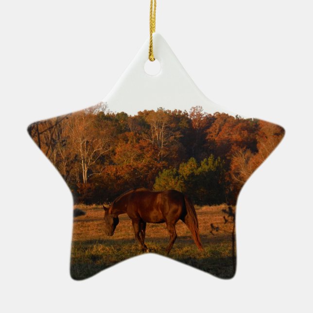 Red  Brown horse, autumn woods. Ceramic Tree Decoration (Front)