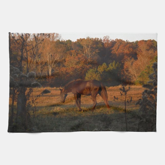Red  Brown horse, autumn woods. Tea Towel (Horizontal)