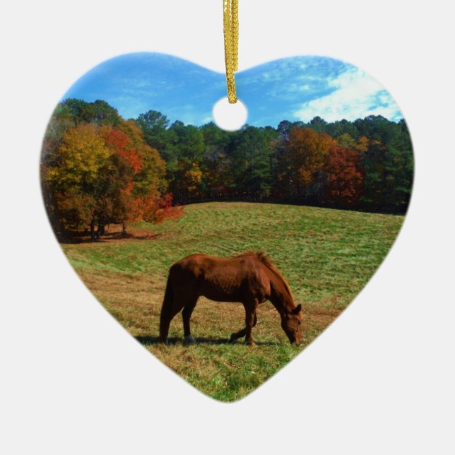 Red Brown horse, fall trees, blue skies Ceramic Ornament (Front)