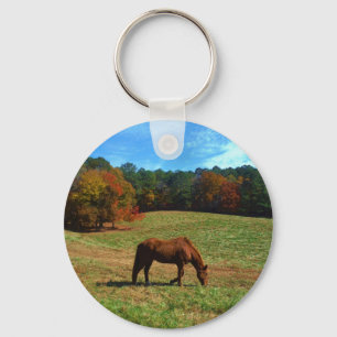 Red Brown horse, fall trees, blue skies Key Ring