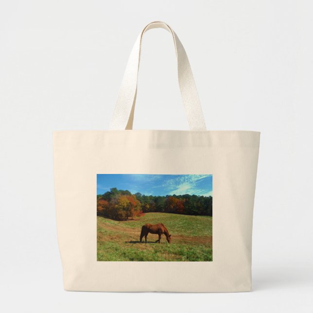 Red Brown horse, fall trees, blue skies Large Tote Bag (Front)