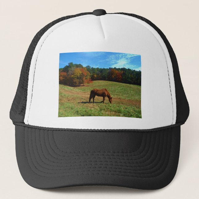 Red Brown horse, fall trees, blue skies Trucker Hat (Front)