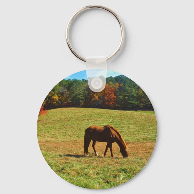 Red Brown horse in the  autumn trees Key Ring (Front)