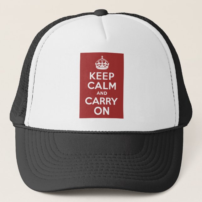 Red Brown Keep Calm and Carry On Trucker Hat (Front)
