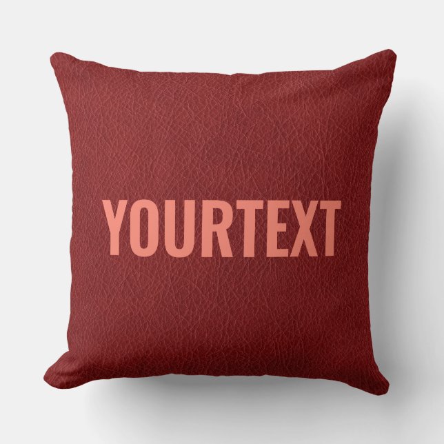 Red Brown Leather Look Add Your Text Double Sided Cushion (Front)