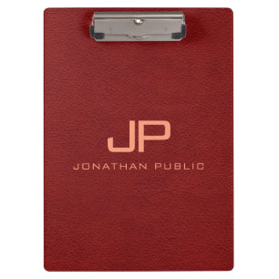 Red Brown Leather Look Name Text Monogram Clipboard