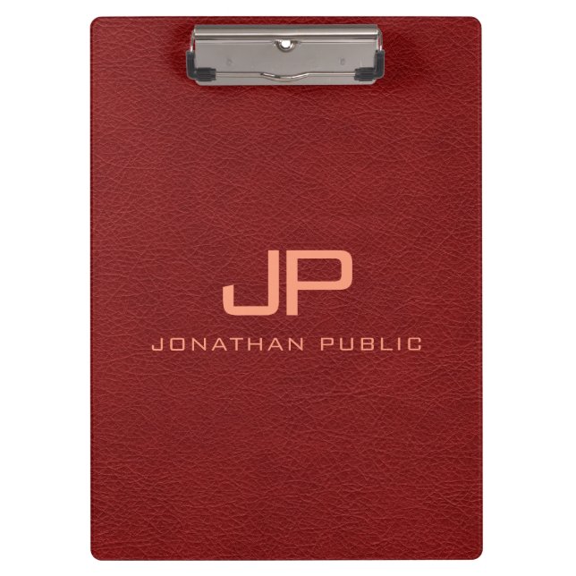 Red Brown Leather Look Name Text Monogram Clipboard (Front)