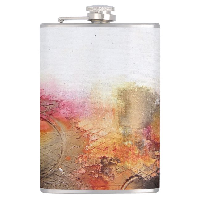 Red Brown Orange White Modern Abstract Art Hip Flask (Front)