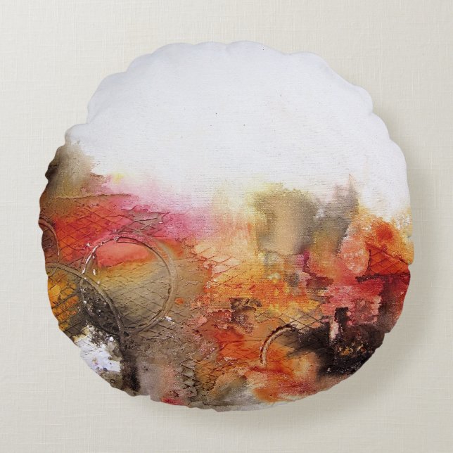 Red Brown Orange White Modern Abstract Art Round Cushion (Front)