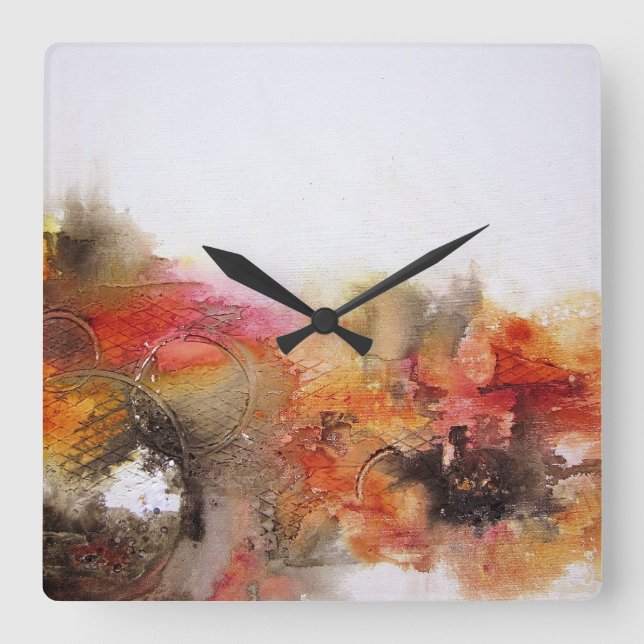 Red Brown Orange White Modern Abstract Art Square Wall Clock (Front)
