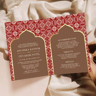 Red Brown Pattern All in One Indian Wedding Invitation