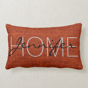 Red-brown Rustic Burlap Monogram Lumbar Cushion