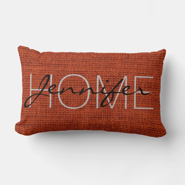Red-brown Rustic Burlap Monogram Lumbar Cushion (Front)