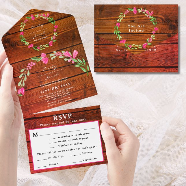 Red Brown Rustic Wood Pink Floral Country Wed RSVP All In One Invitation (Red Brown Rustic Wood Pink Floral Country Wed RSVP All In One Invitation)