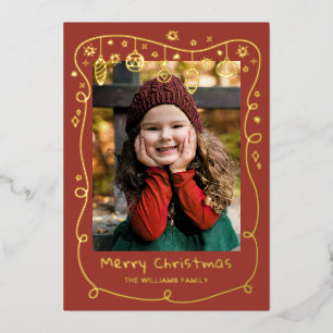 Red-Brown Scribbled Baubles Photos Merry Christmas Foil Holiday Card