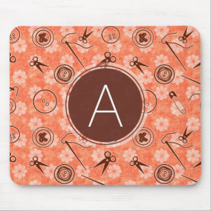 Red Brown Sewing Pattern with Monogram Mouse Pad