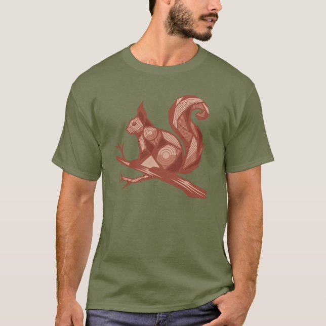 Red Brown Squirrel on a Branch Woodcut Nature T-Shirt (Front)